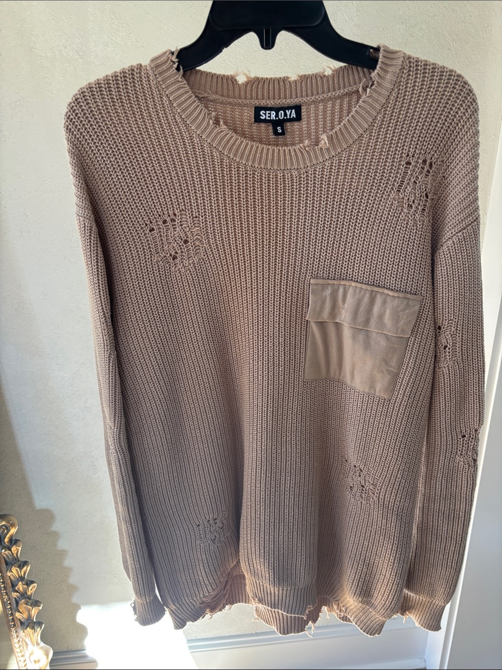 SER.O.YA Taupe Distressed Knit Sweater with Faux Pocket